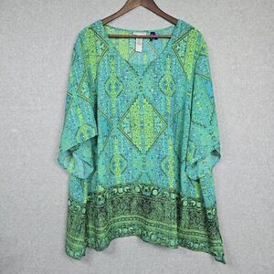 Catherines Tunic Top Women 3XWP Green Print Short‎ Sleeve V neck Lightweight